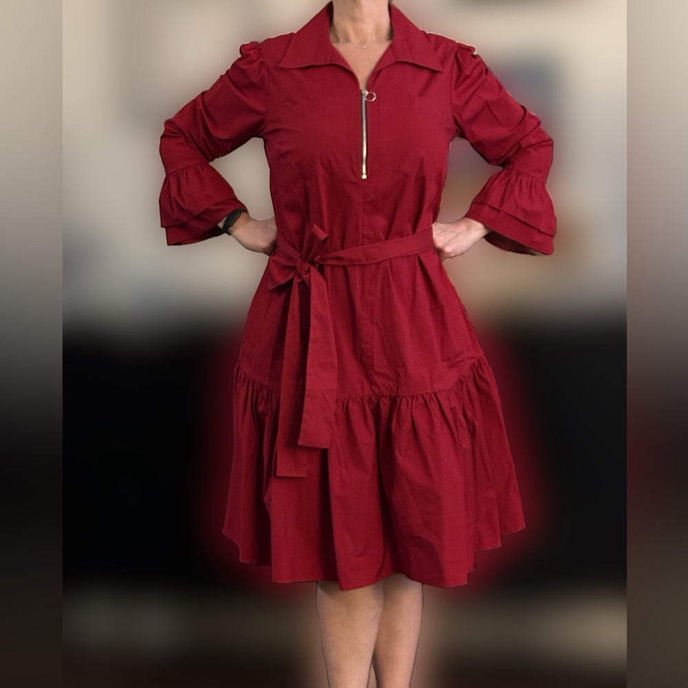 eshakti Red Tiered Belted A-Line Dress with Zip Detail